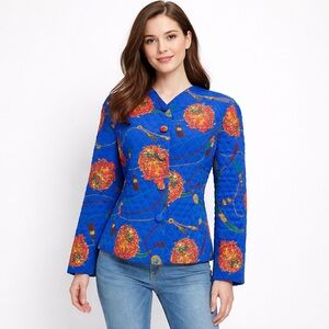 Tanner Vintage Quilted Jacket Royal Blue Equestrian Crest Print Size 6 Made